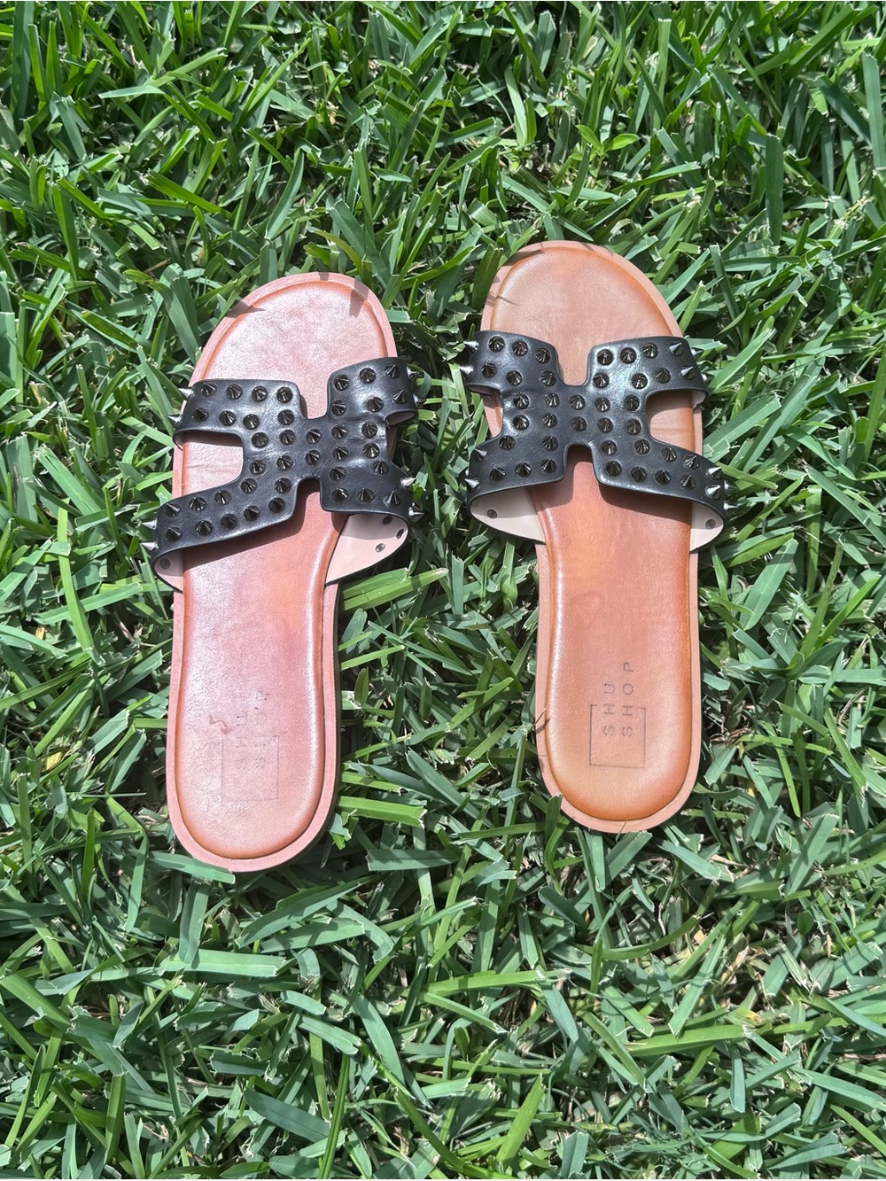 ShuShop Black Studded Slide Sandals with Tan Footbed